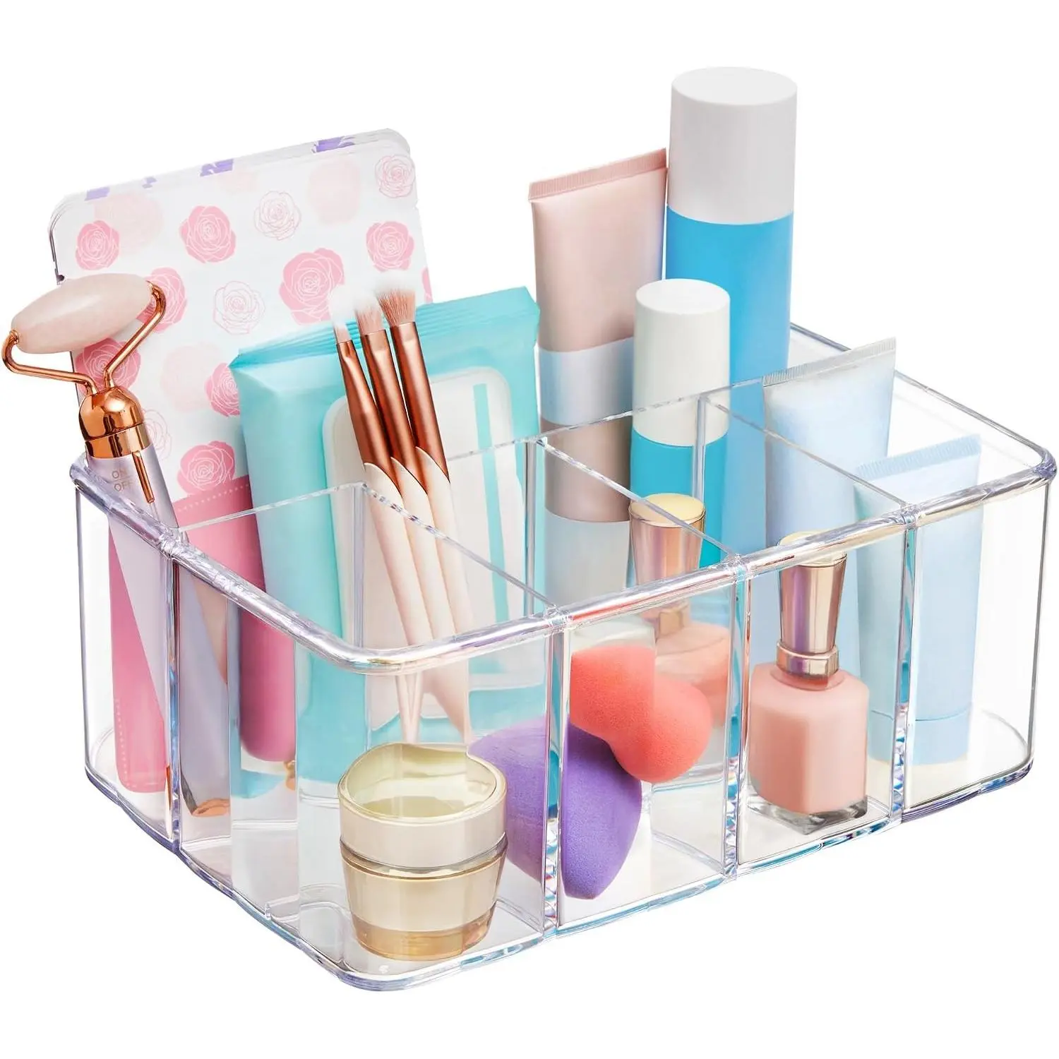 5-Compartment Clear Plastic Organizer | Rectangular Divided Makeup and Vanity Storage Bin and Office Desk Caddy | Scalloped Wall Design | Made in USA