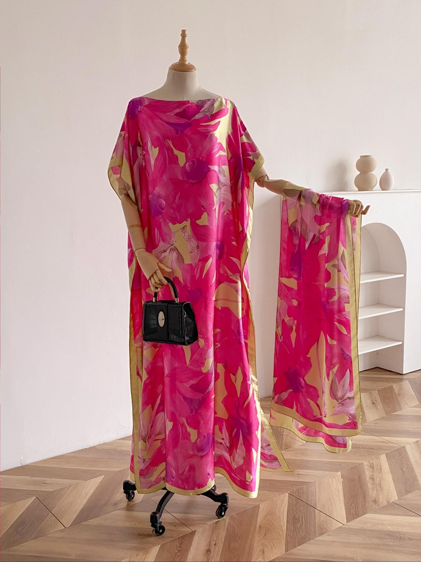 Women's Peacock Print Cape Shawl & Scarf Set, Elegant Beach Cover-Up For Holiday Vacation, Swimsuit Cover Up