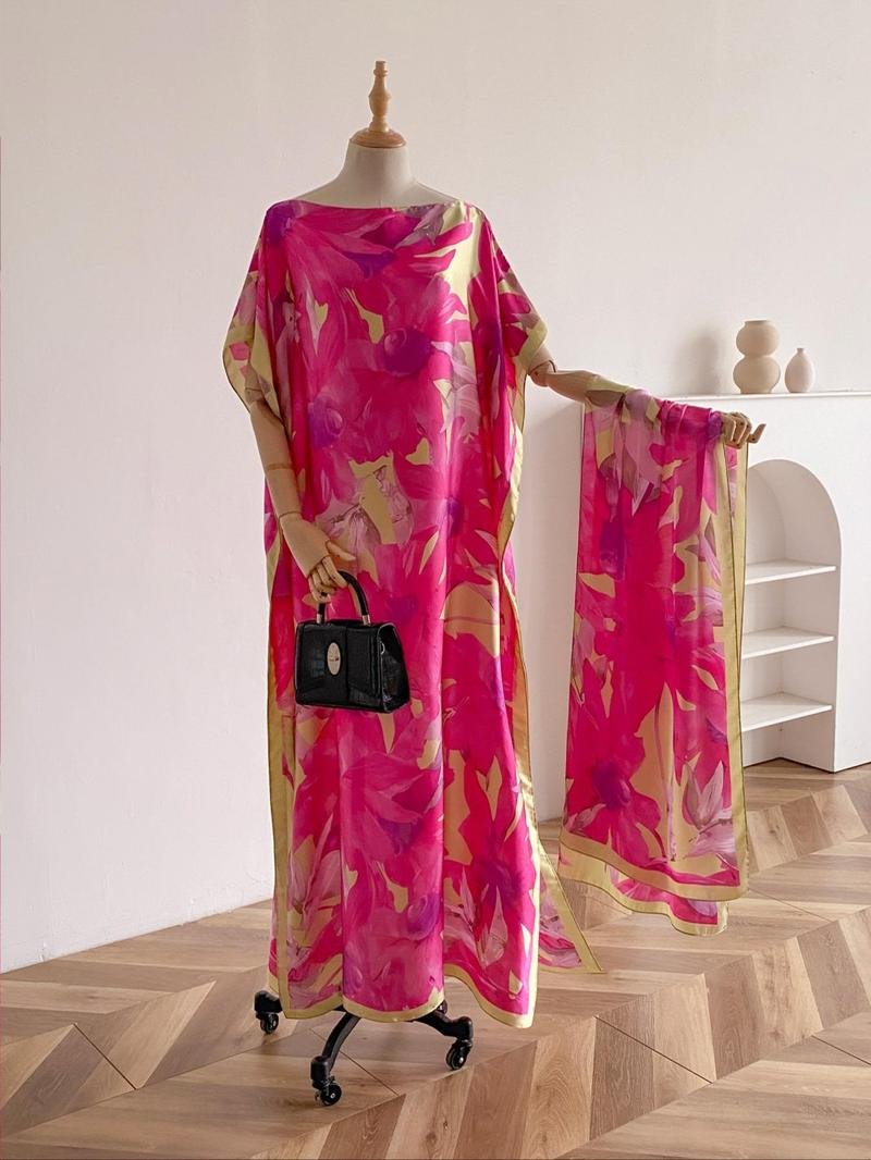 Women's Peacock Print Cape Shawl & Scarf Set, Elegant Beach Cover-Up For Holiday Vacation, Swimsuit Cover Up