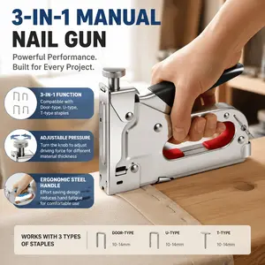 3-in-1 Manual Pneumatic Nail Gun: Multi-Function Stapler for U-Nails, Brad Nails, T-Staples, Portable Cordless Tool for Home Woodworking, Leather, Wall Paneling, Fabric Reinforcement, Heavy-Duty Fastening