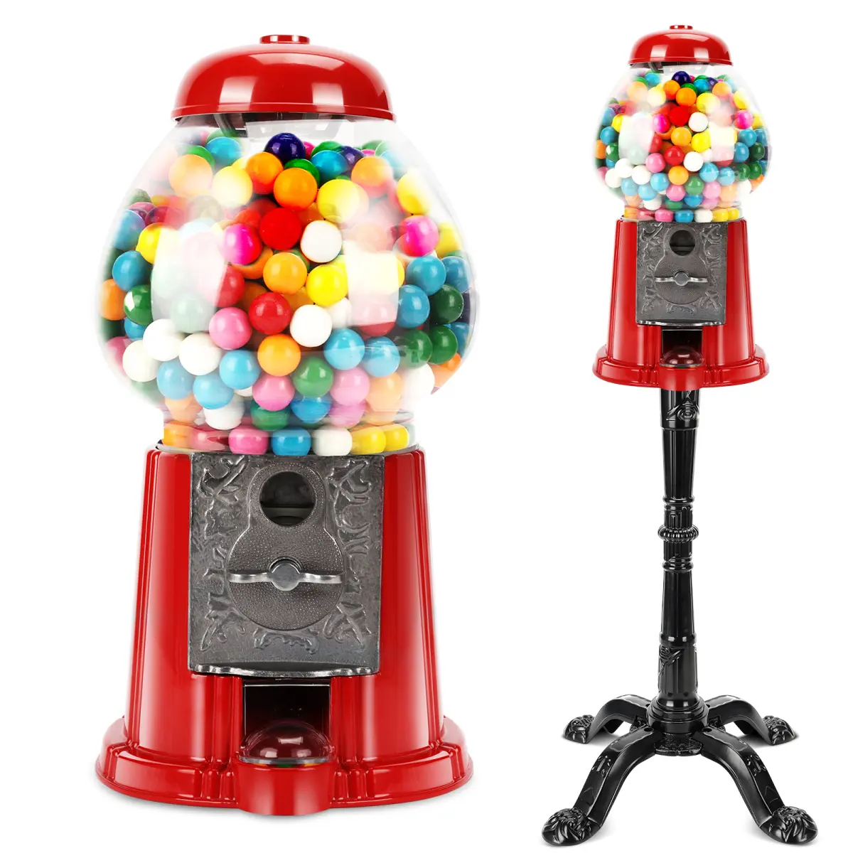 15 Inch Commercial Big Red Gumball Machine with Stand, Coin Operated Bubble Gum Machine, Key-Operated Metal Candy Dispenser, No Electricity Needed, Halloween Christmas Party Gift