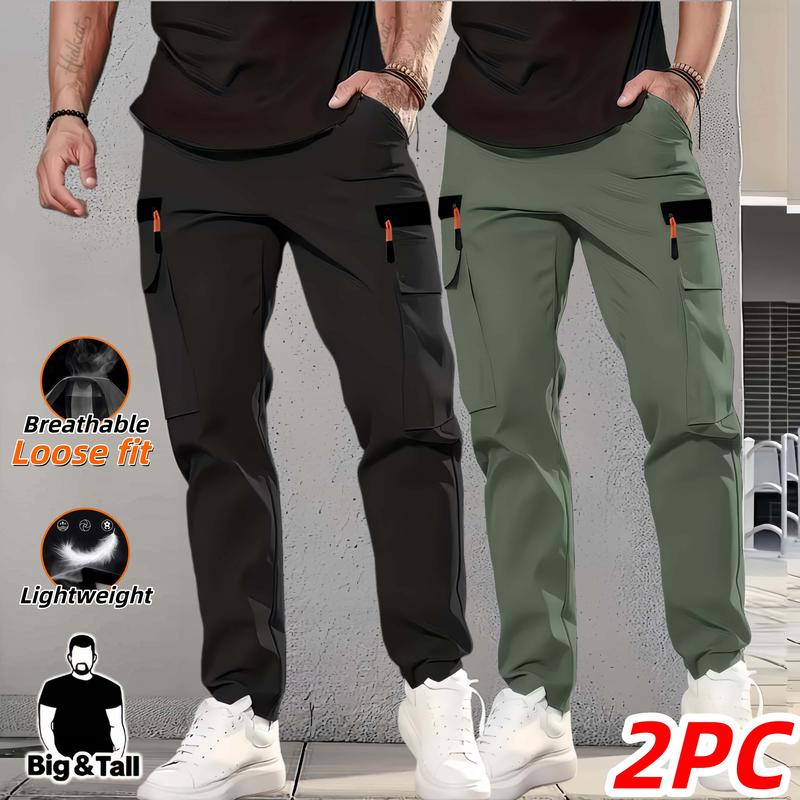 Men's 2PC Casual Work Joggers - Large Size, Decorative Zippered Pockets, Adjustable Drawstring Elastic Belt, Summer Outdoor Wear for Outdoor Activities