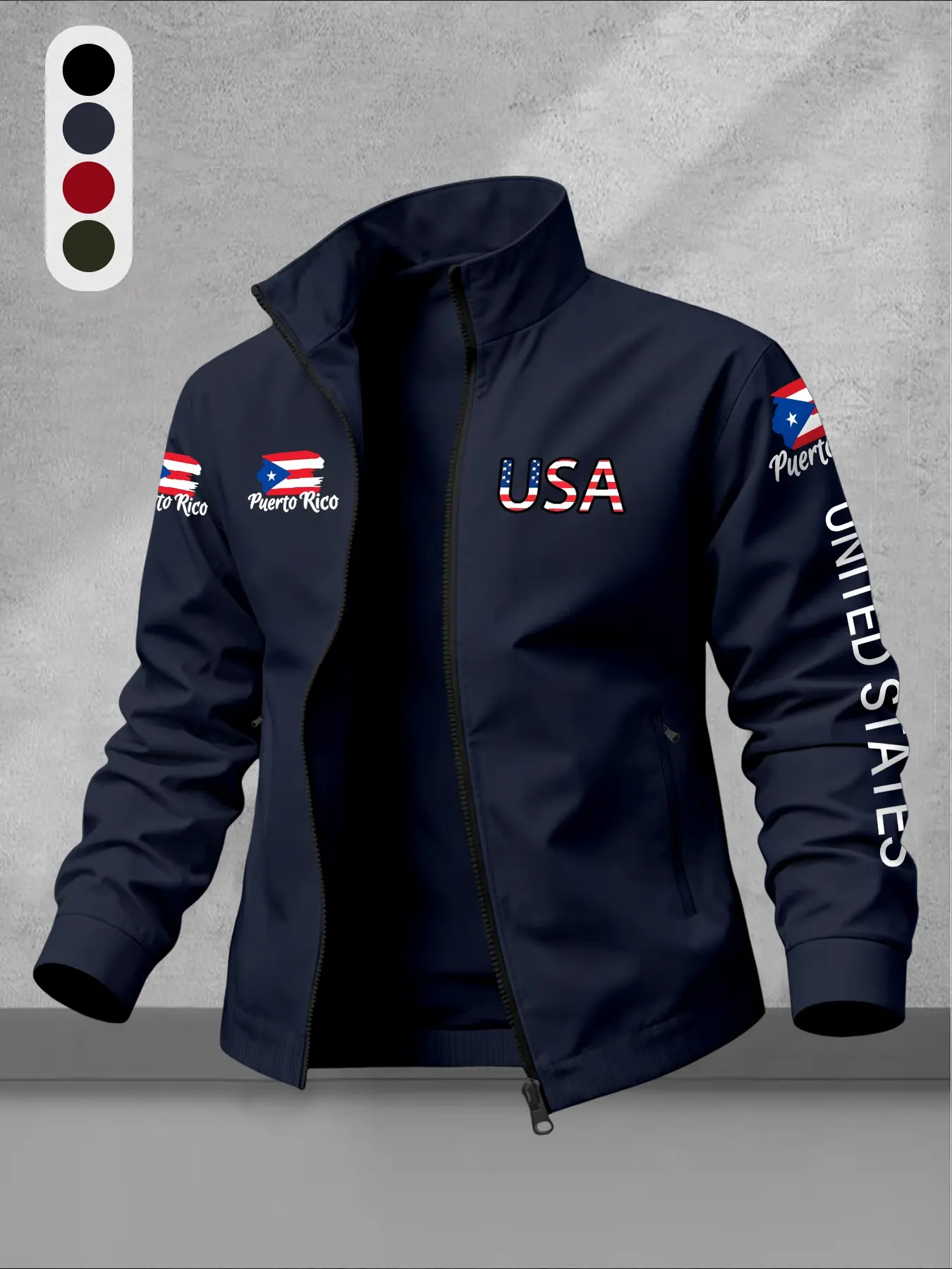Puerto Rico Usa Print Stand Collar Jacket for Men, Casual Fashion Jacket, American Casual Sport Zipper Outerwear, Versatile Lightweight Top