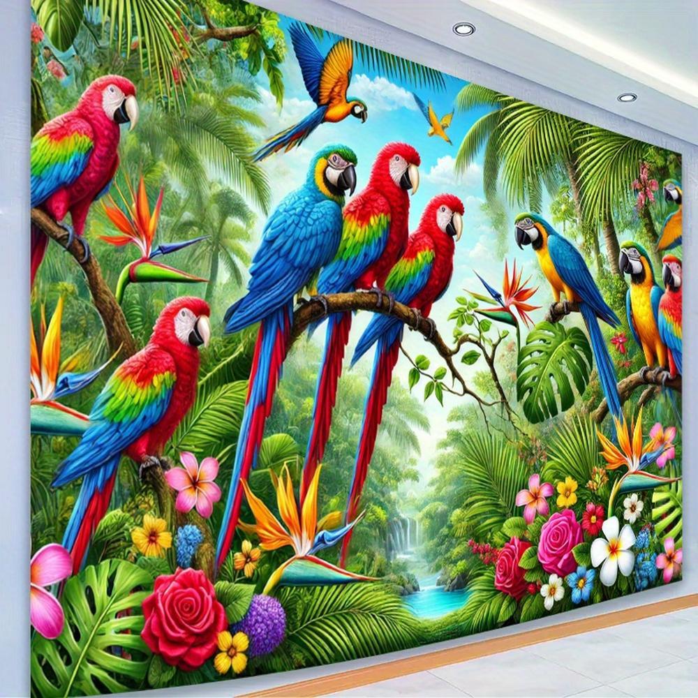 Vibrant Parrot Print Tropical Rainforest Photography Backdrop, Durable Polyester Tapestry for Birthday Party Decor, Indoor-Outdoor Event Props, Studio Use (No Electricity Needed),summervibes