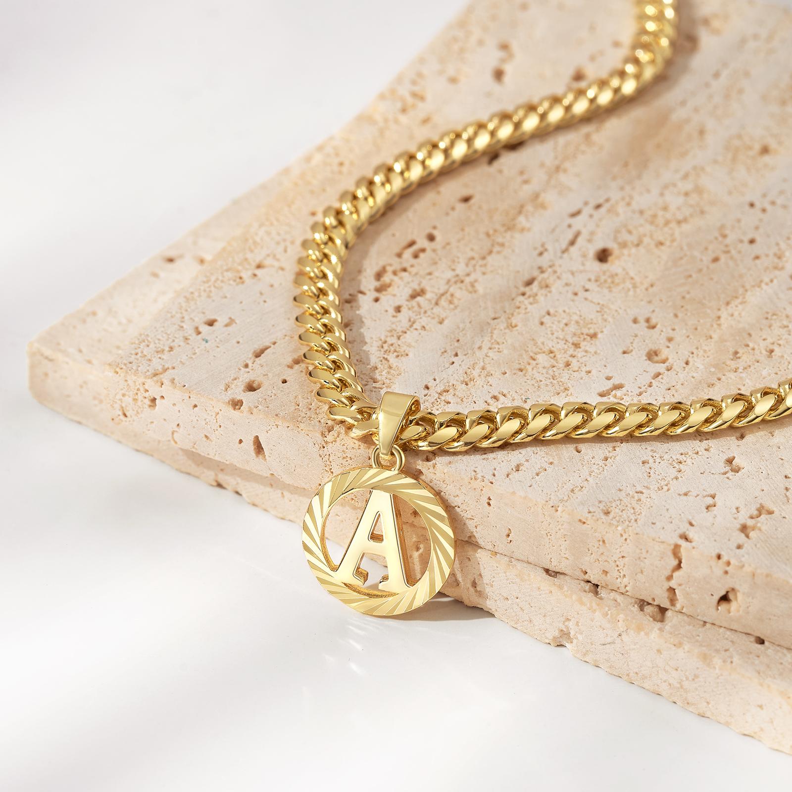[Round Initial Necklace For Women Men]Alphabet Letter Pendant Hollow Monogram Dainty Jewelry 5mm Cuban Chain Necklace L07
