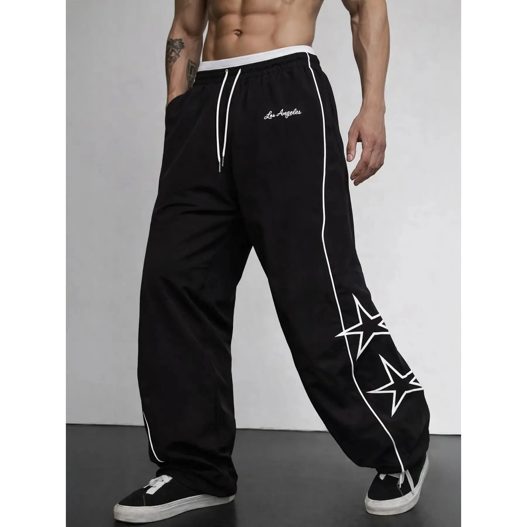 Men's Star Graphic Track Pants - Straight Leg, Loose Fit Activewear with Contrast Piping, Stacked Hem, Drawstring Waist for Watch Parties