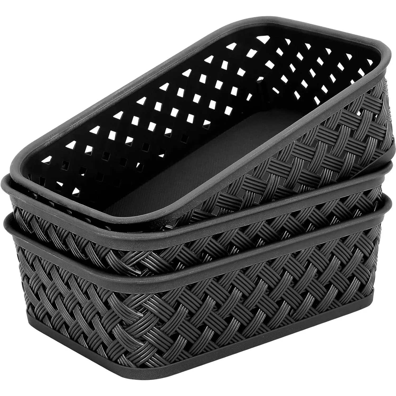 3 Pack Plastic Storage Baskets, Small, Black | Durable Woven Plastic with -In Handles, Suitable for Shelves, Closets, Cabinets, Bathrooms and Offices