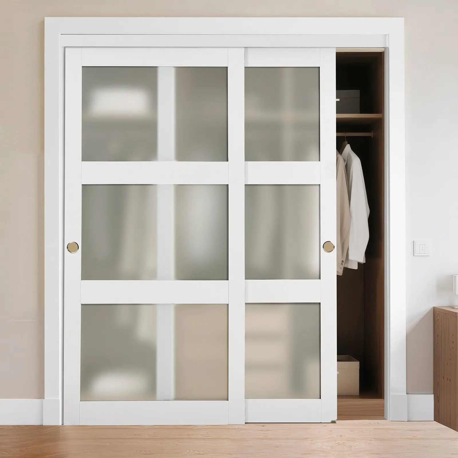 Sliding Closet Door, 72-Inch Wide by 80-Inch High Bypass Door with 3-Lite Frosted Glass Panels, Double 37-Inch Openings, Durable Aluminum Track System, Soft-Close Hardware, Reversible Left or Right Mounting, Modern Home Interior