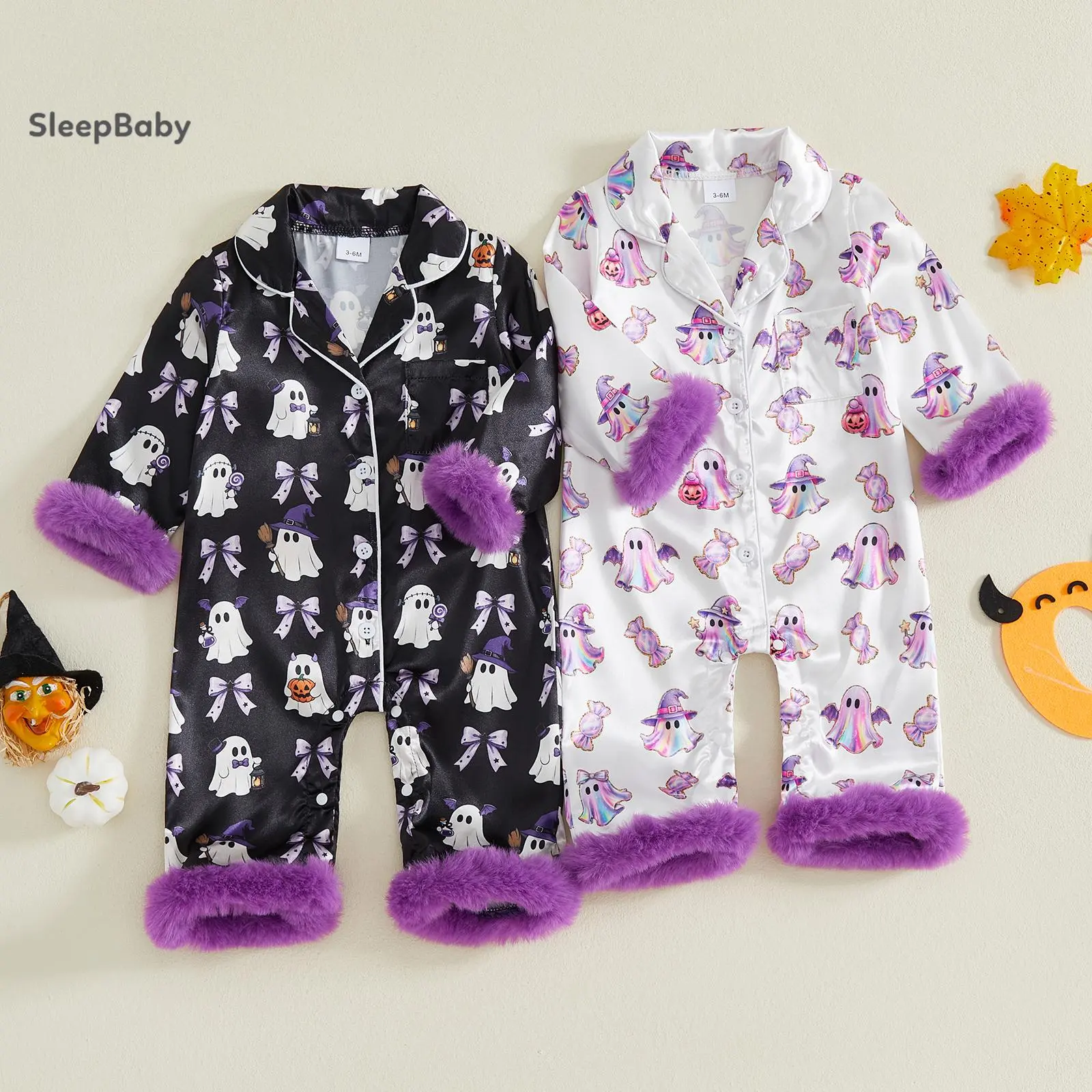 Baby Halloween Satin  Pajama Romper Ghost Bow Pumpkin Print Purple Faux Fur Trim Lapel Snap Crotch Kids Halloween Party Night Loungewear Gift