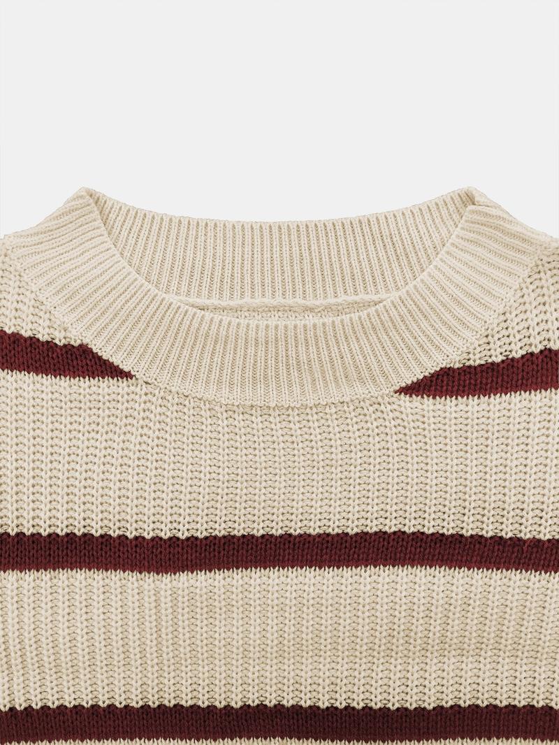Women's Asymmetrical Neckline Colorblock Striped Lantern Sleeve Sweater, Casual Loose-Fit Knitted Pullover Knitwear for Fall & Winter