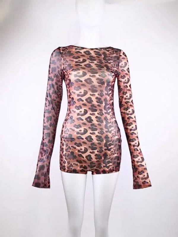 shapewear kliou Mesh Leopard Women Playsuits Sexy Hot Thin See Through Backless Full Sleeve Bodyshaping Romers Female Stunning Clubwear Womenswear Bodysuit Overalls Leopard_Brown Tops Halter Plaid