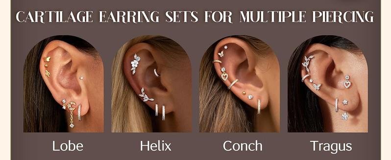 16 Gauge Cartilage Earrings for Women - 14K Gold Plated Flat Back Earrings Hypoallergenic Surgical Stainless Steel Stud Hoop Cartilage Earrings Set Daith Conch Tragus Helix Piercing Jewelry
