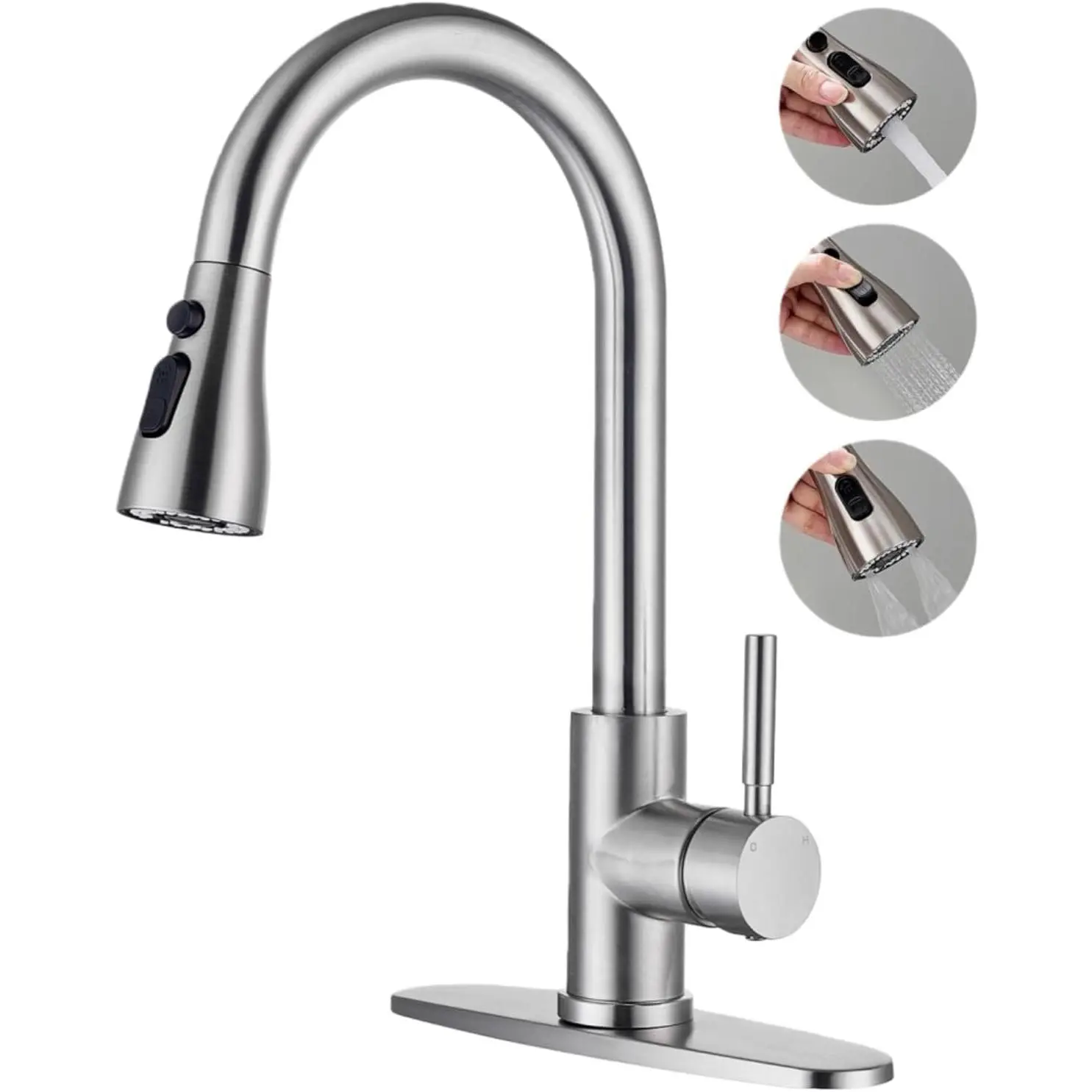 Kitchen Faucets with Pull Down Sprayer, 3 Function Sprayer, Brushed Nickel Stainless Steel Single Handle High Arc Sink Faucet for RV, Bar, , Laundry, Outdoor