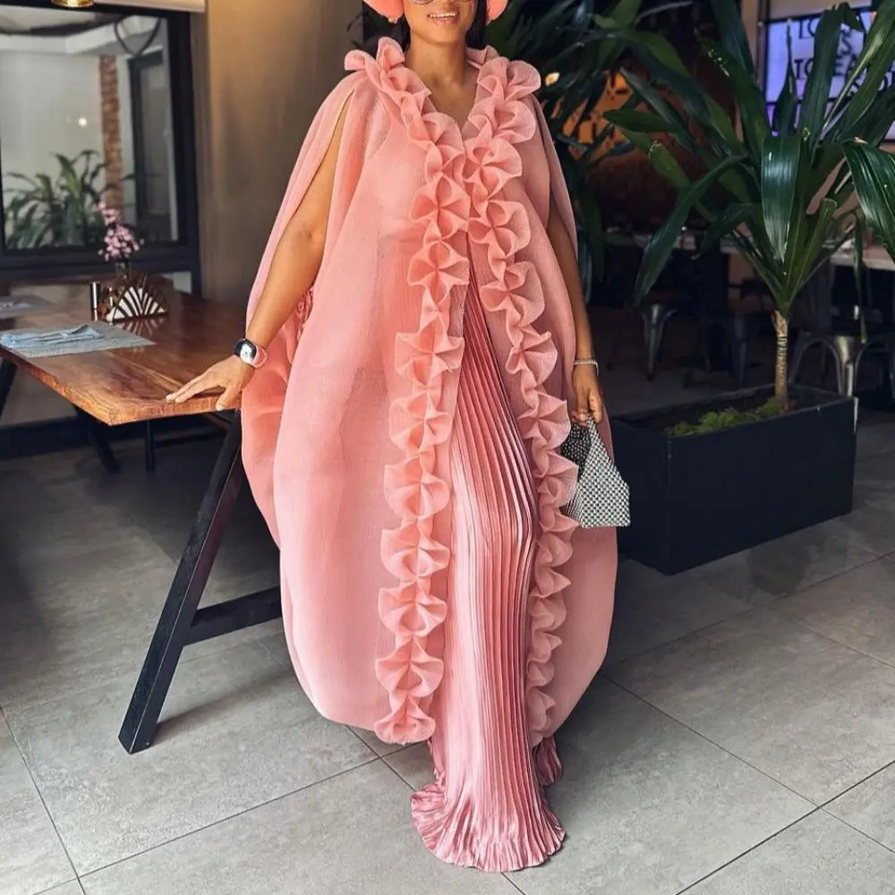 Elegant African Two Piece Set Ruffle Sleeveless Loose Kaftan Cape High Waist Wide Leg Pleated Pants Events Parties Occasion New