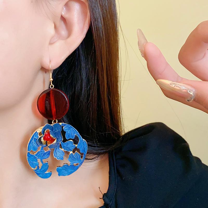 Silver Needle Resin Flower and Leaf Chinese Style Earrings, New Chinese Style Unique Design Ear Drops, Vintage Cheongsam New Style Jewelry for Women
