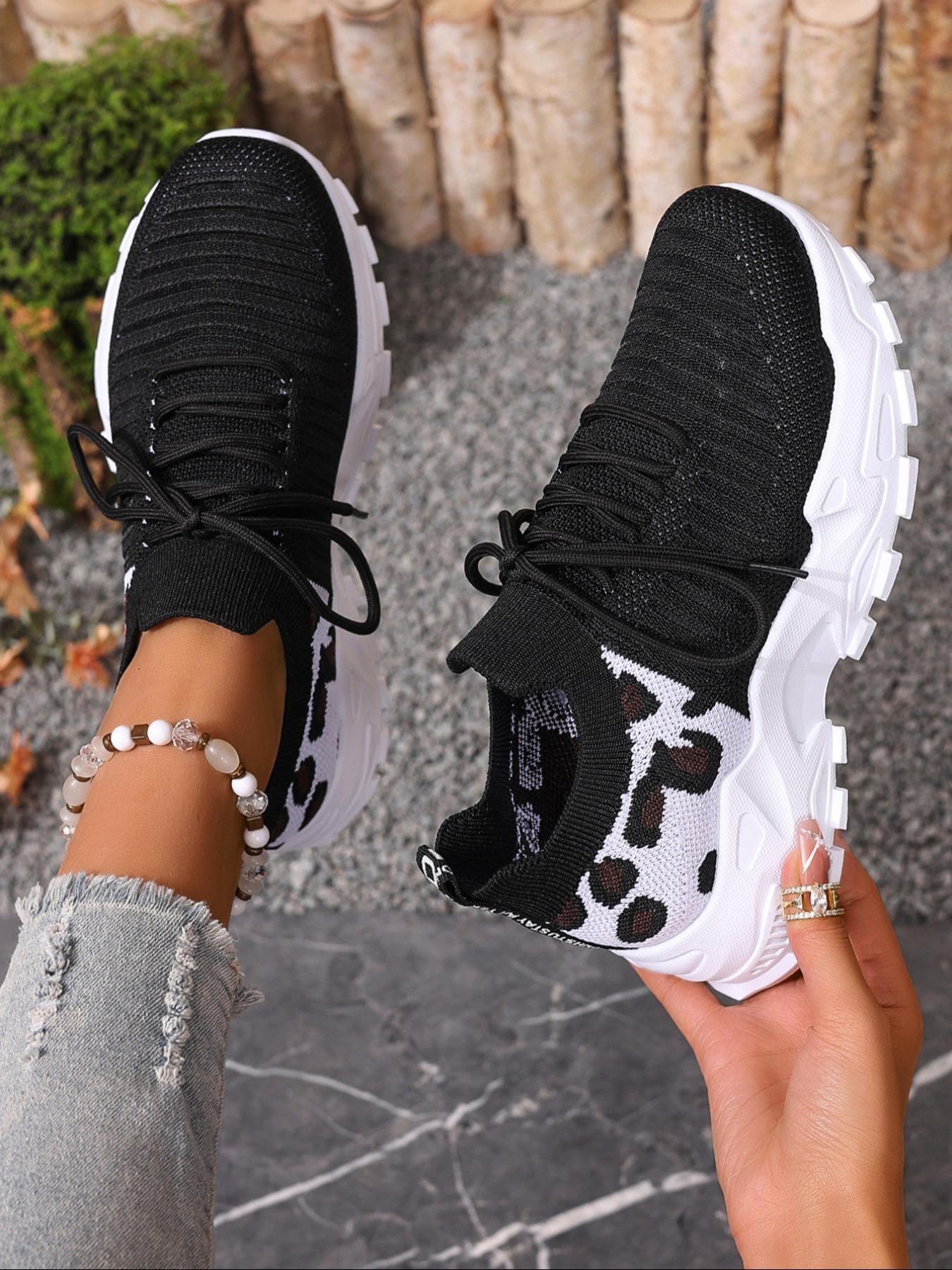 Women's Fashion Leopard Print Lace Up Low Top Sneakers, Casual Comfortable Breathable Sports Knitted Running Shoes, All-match Basic Shoes for Daily Wear, Fashionable Running Shoes