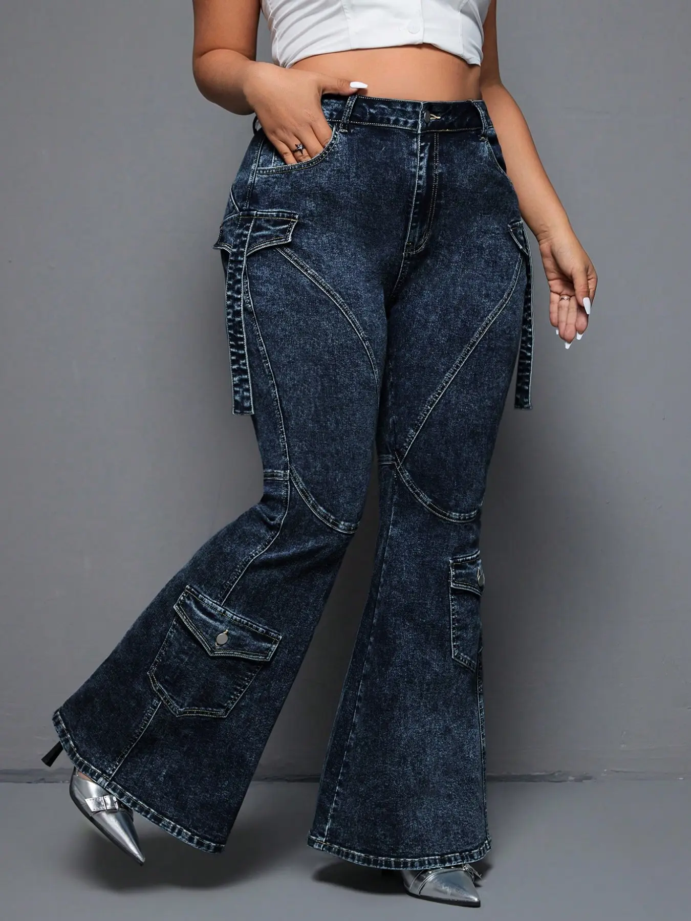 Women's High-Waisted Multi-Pocket Workwear Jeans, Deep Washed Stone Wash Enzyme Treatment, Retro Street Style, Soft Comfortable, Trendy Photo Shoot