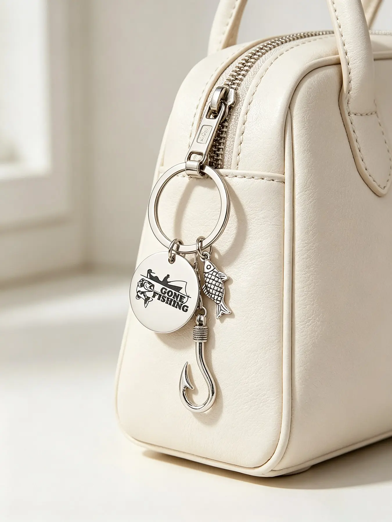 A fashionable stainless steel keychain fishing enthusiast keychain, with a fish hook pendant and a fish pendant, a small pendant, is also a surprise exquisite little gift