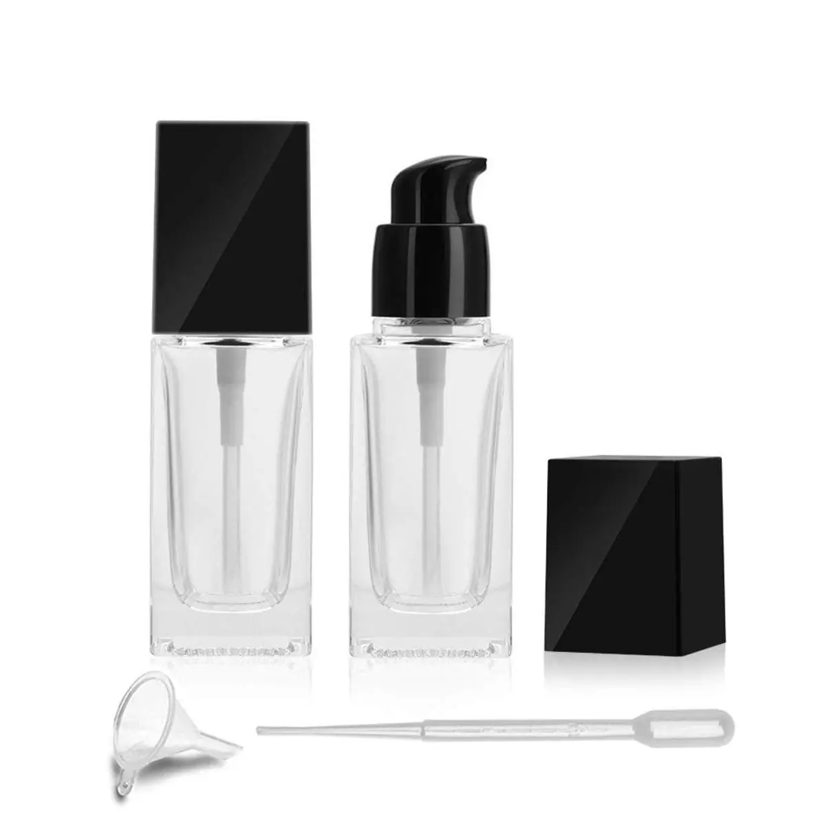 2 Pack 30ml/1 Oz clear Glass Foundation Bottle,Empty Refillable Square Lotion Bottle With Press Pump for Lotion Liquid  Cream  Travel Foundation Samples Vials-&Funnel Included