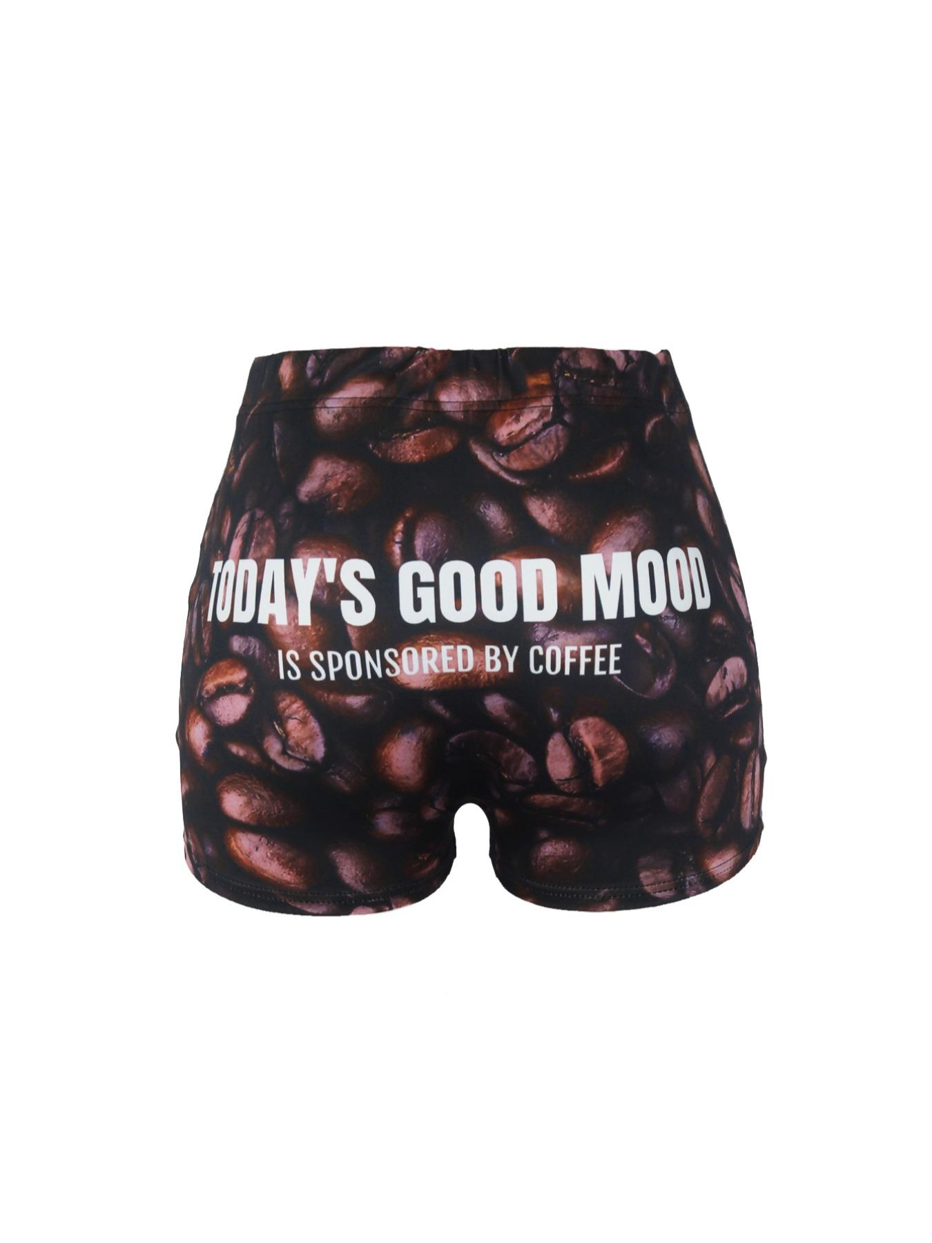 Women's Coffee Bean Print Letter Print Elastic Waist Shorts, Casual Comfy Breathable Shorts for Daily Wear, Ladies Bottoms for Summer Valentine's Day, gift