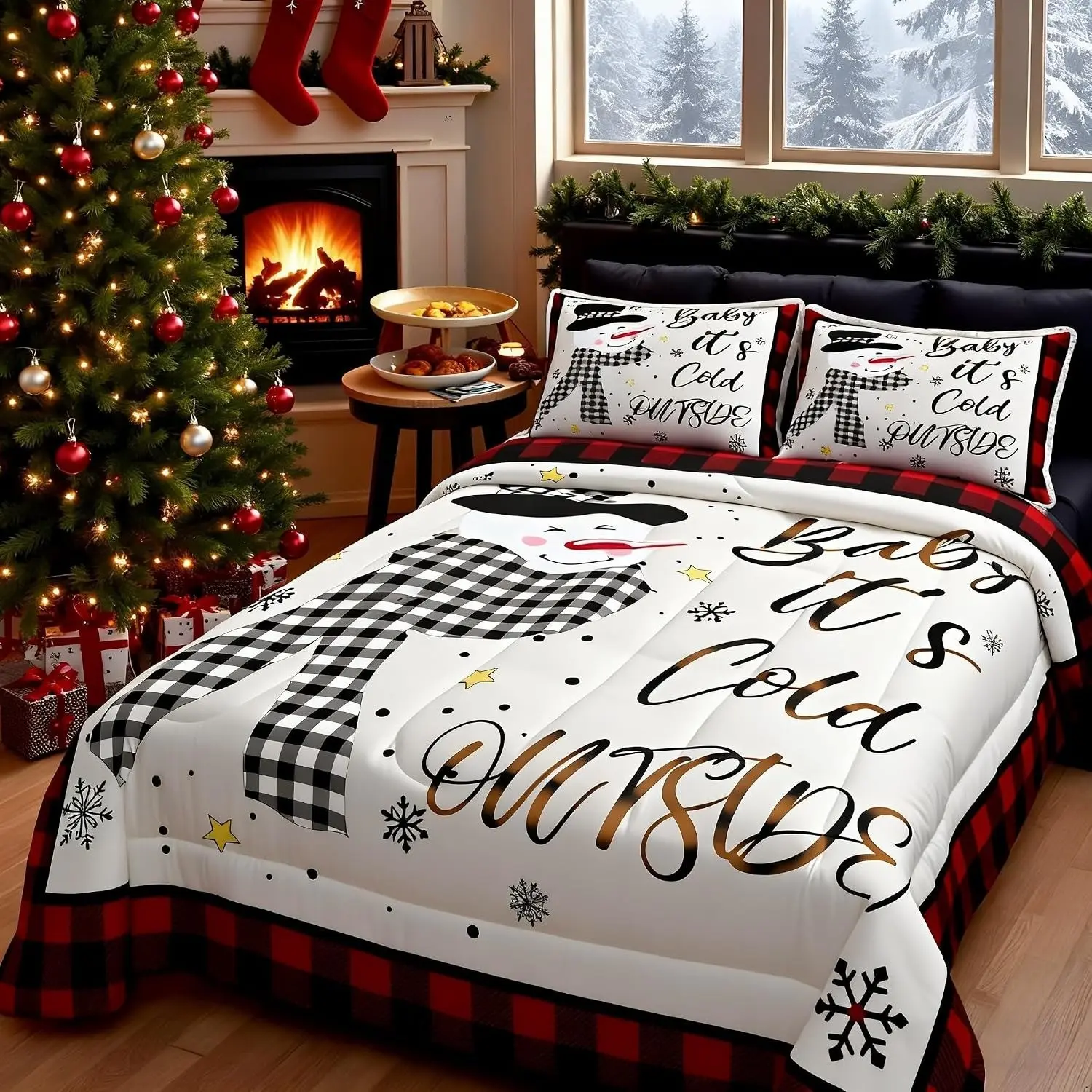 Children Christmas Snowman Quilt Set, Winter Bedding Set, Geometric Patchwork Quilt, Vintage Down Insert, 2 Pillowcases Included, Patchwork Quilt Sets