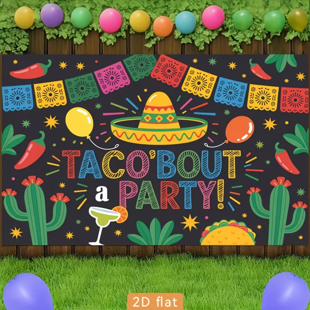 2D Flat HD-Printed Polyester Taco Theme Party Photography Backdrop Banners, Soft Lightweight Foldable Cloth, Suitable for Mexican Fiesta Parties, Event Photos, Portrait Shooting