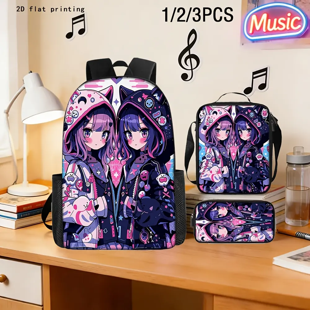 3pcs Pink-Purple Gradient Cat Ear Anime Backpack, Large Capacity Trendy Cool Illustration Backpack, Pencil Case, Crossbody Bag, Perfect Gift for Daily Use, School, Travel, and Birthdays, for Teenager