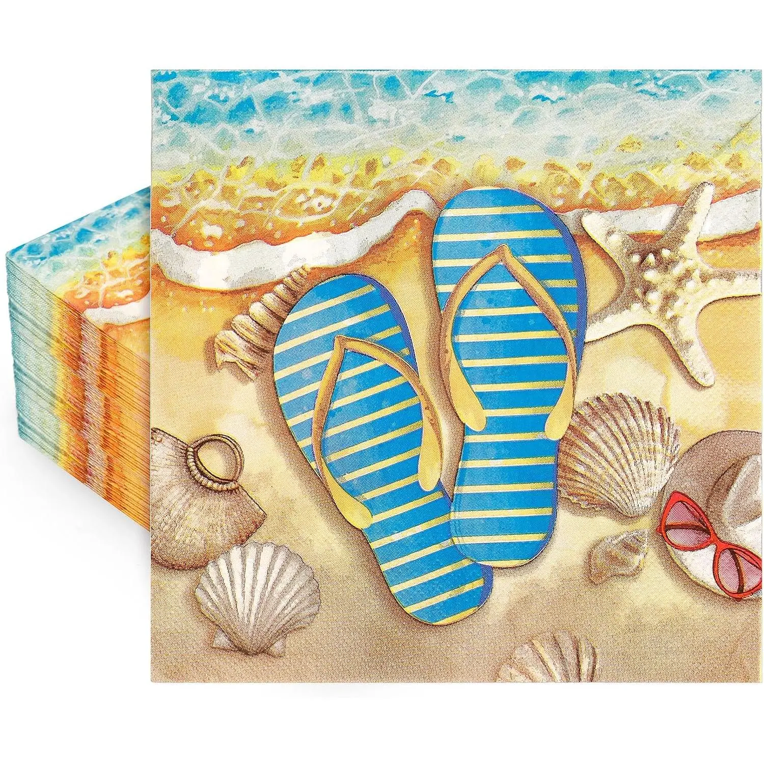 50 count Summer Beach Paper Napkins Flip Flop Seashell Disposable Napkins Coastal Luncheon Dinner Napkin for Tropical Hawaiian Holiday Party Table Supplies