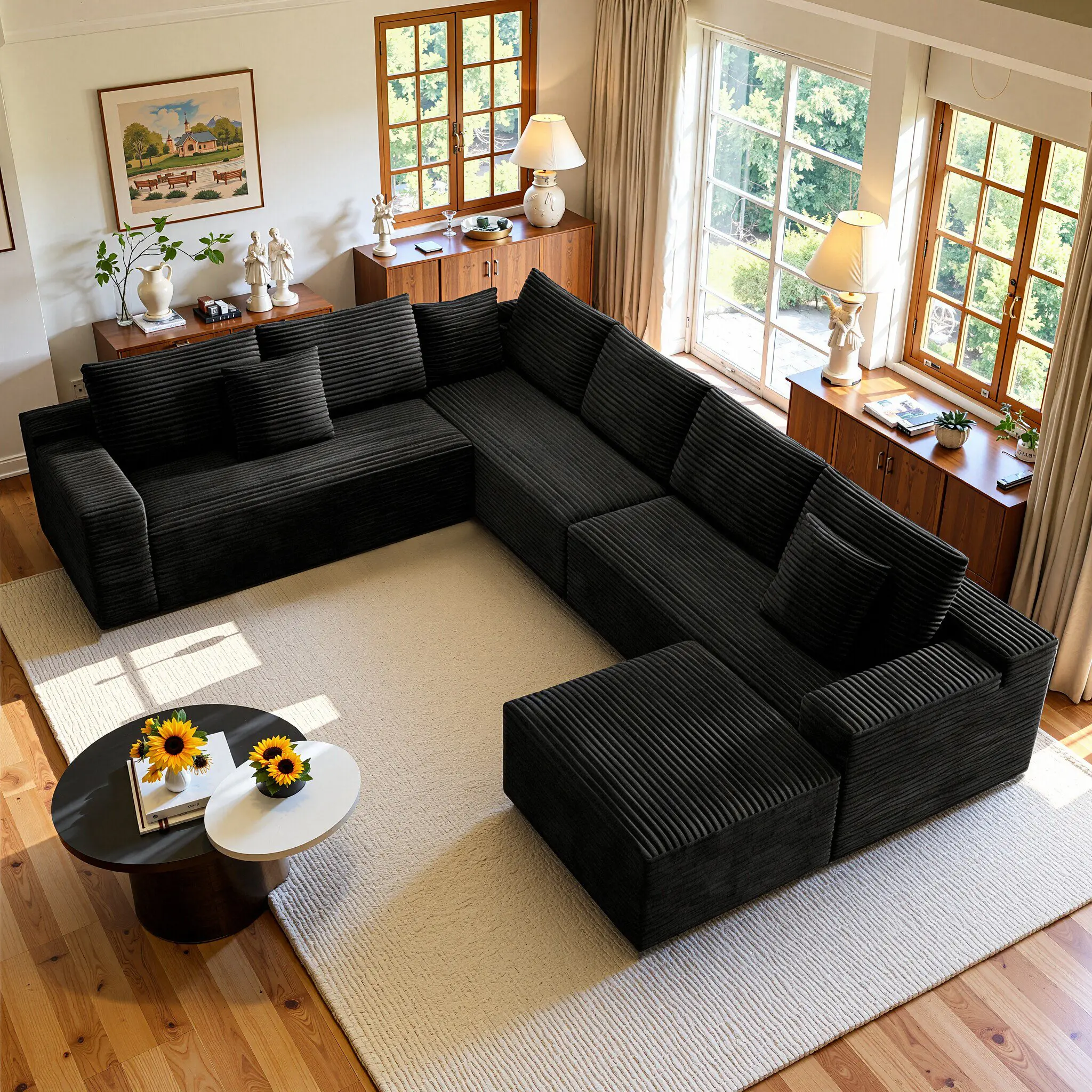 【4 Packages shipping】Huge 138" Boneless Modular L-Shaped Sectional Couch, 7-Seater Black Corduroy Deep Seat Comfy sofa Oversized Corner Couch With  Ottoman For American Large Family LivingRoom Couch NoAssembly Required Free Combination