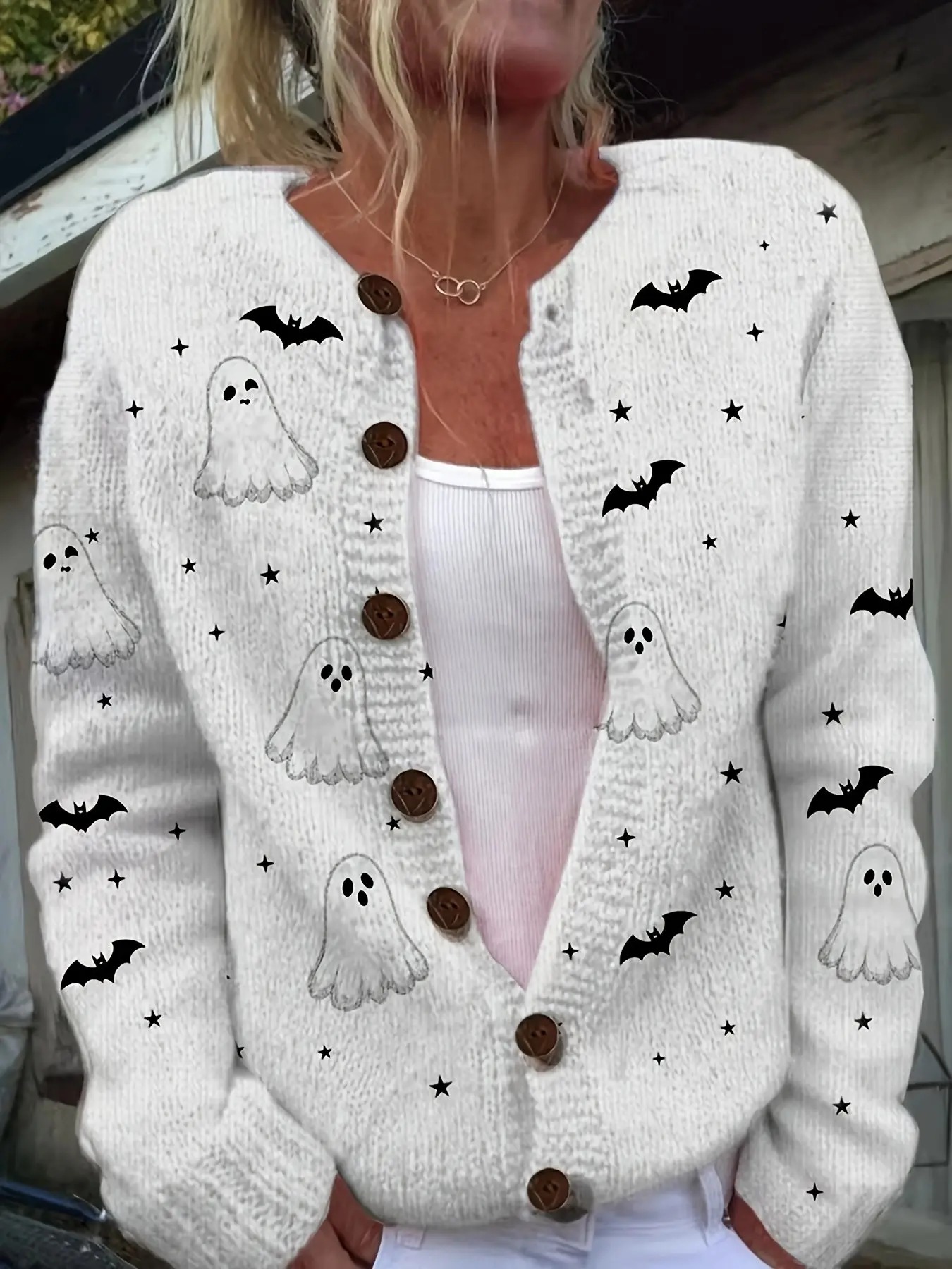 Women's Halloween-Themed Ghost & Bat Pattern Cardigan, Slim-Fitting Knit Outerwear for Fall & Winter