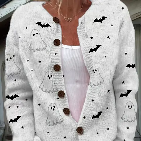 Women's Halloween-Themed Ghost & Bat Pattern Cardigan, Slim-Fitting Knit Outerwear for Fall & Winter
