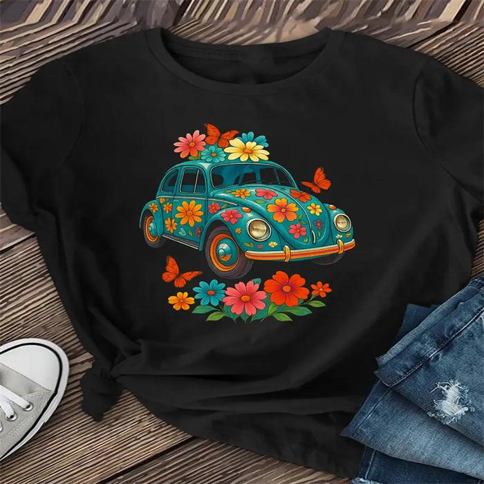 Vintage Women's Turquoise Floral Short Sleeve T-Shirt Comfortable Breathable Casual Blouse Perfect for Daily and Party Wear