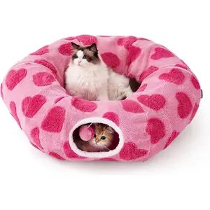 Tunnel Bed for Indoor Cats - Cute  Donut Tunnel Toys with Washab Circ Cushion, Vantine's Day Gifts for Cats, Round  Peekaboo Cave  for Kitten, Standard Lover Hearts