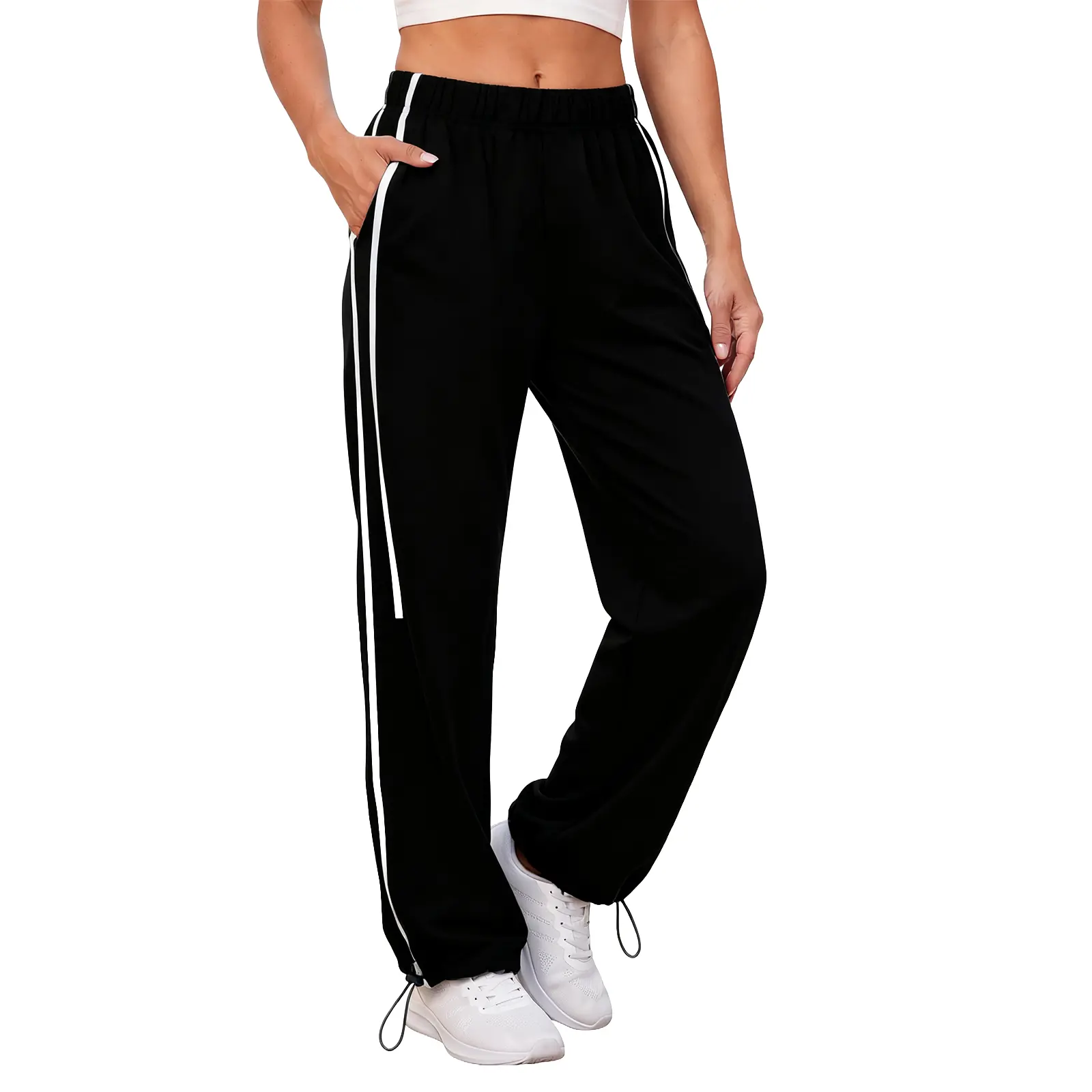Aoysky Women's Side Striped Sweatpants, Elastic High Waist Drawstring Jogger Pants, Loose Wide Leg Track Pants with Pockets for Casual Workout Daily Wear