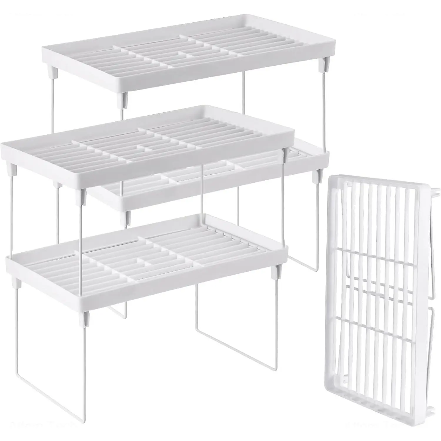 4-Pack Stackable Plastic Kitchen Storage Shelf Foldable Rack - White Kitchen Cabinet Organizer and Storage Shelves Stackable Expandable Storage Racks for Counter Cabinet Pantry