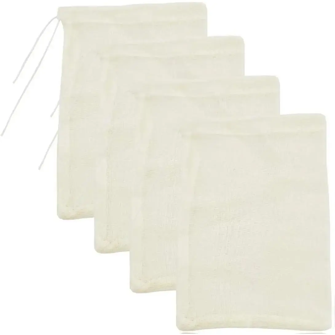 100% Natural Cotton Fine Mesh Cheesecloth Strainer Bags - Reusable, X-Small (4 PACK) for Cold Brew Coffee, Nut Milk - Kitchenware Tea-Making Filter Bags with Measure Feature