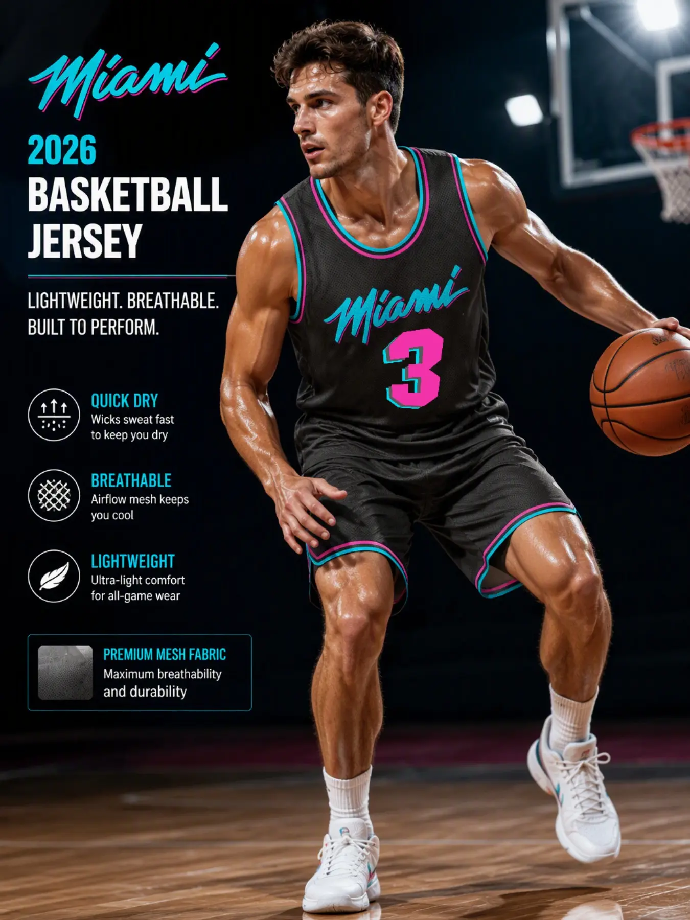 Men's Sporty Basketball Tank Top, Loose Sleeveless Jersey, Miami Script Print, Dual Color Edge, Ideal for Games and Training