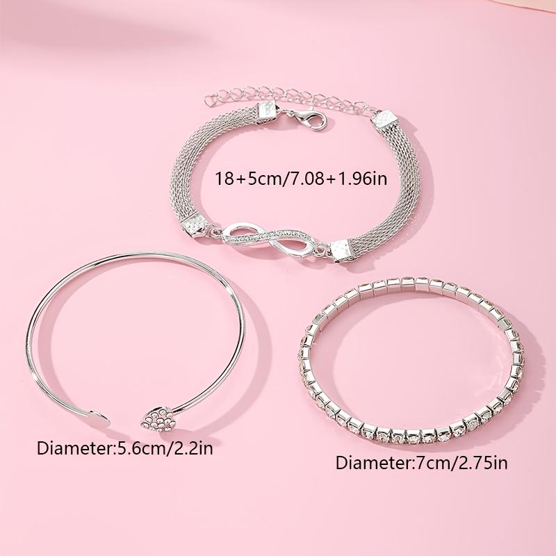 3 Pcs Vintage Elegant Rhinestone Bracelet Set - Adjustable Heart & Infinity Symbol Bangle, Stylish Alloy Open Cuff for Daily Wear & Gift Occasions