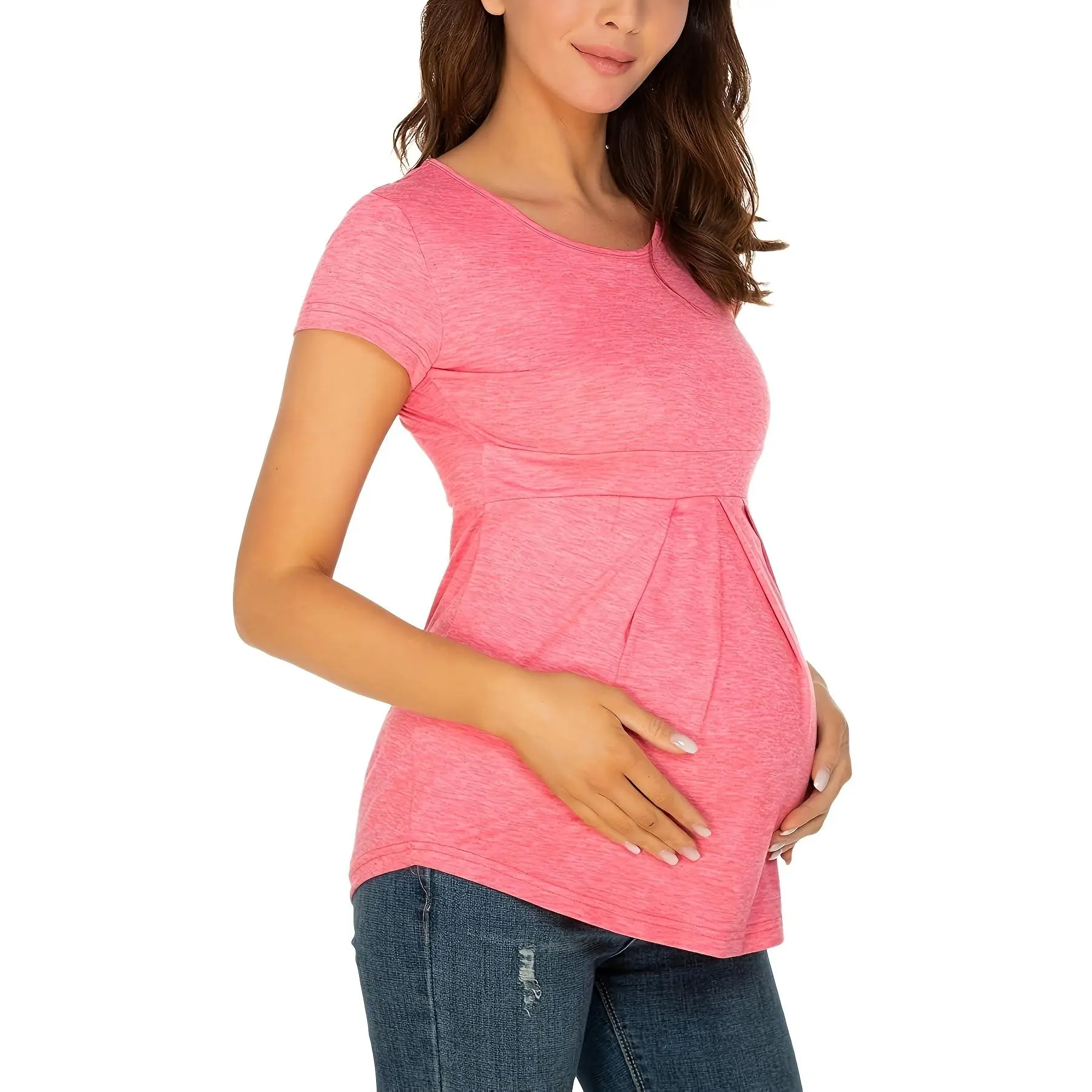 [Maternity Peplum Tunic] Women's Maternity Peplum Tunic Top - Short Sleeve Round Neck Pregnancy Shirt with Front Pleat Detail & Beltless| Machine Washable Non- Blouse-Compatible Suitable for Prenatal, Nursing, Casual Wear