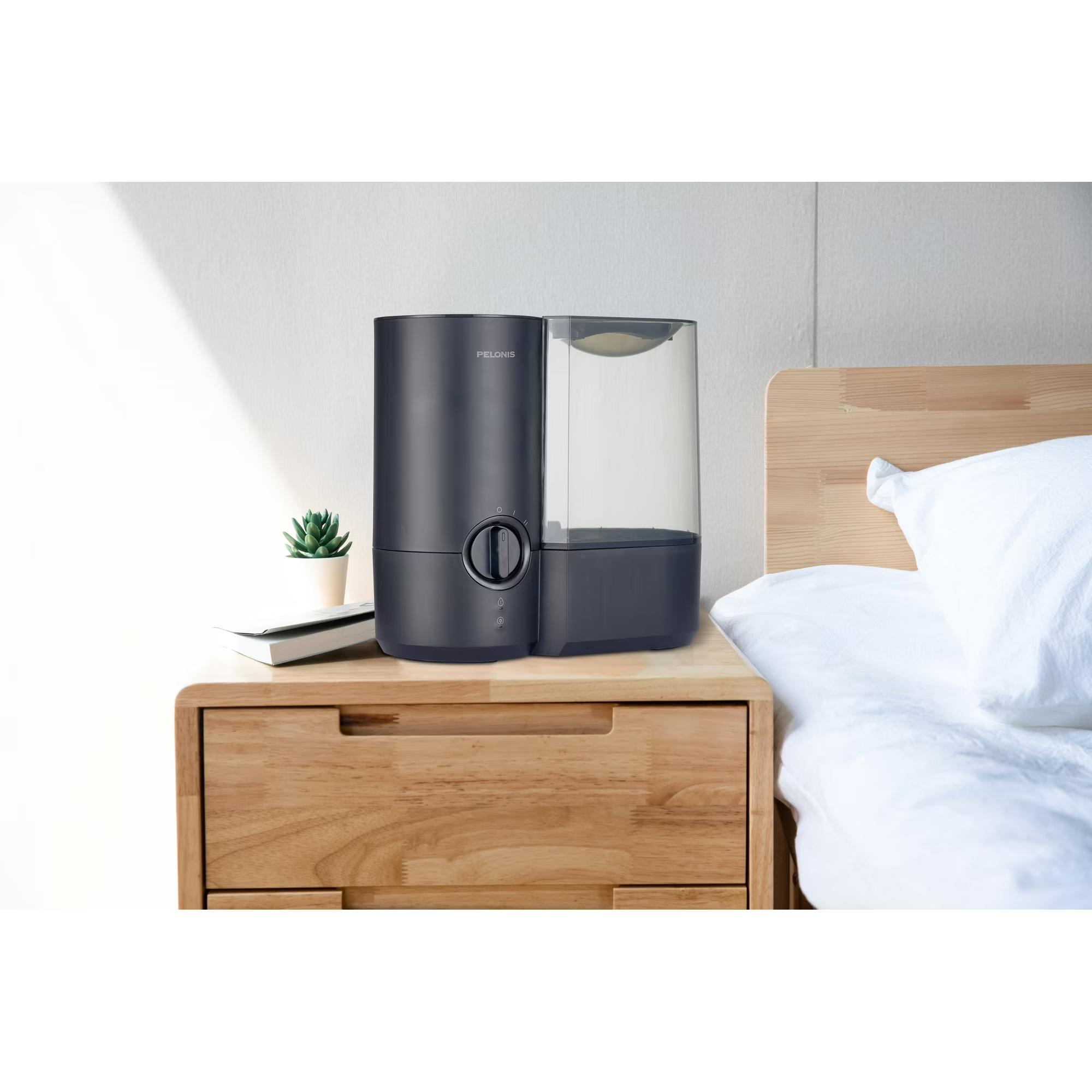 Pelonis PSU12W1BB Warm Mist Humidifier 1.2 Gallon Large Tank Ultra Quiet 2 Mist Output Settings Up to 23 Hours Runtime Filter Free Design Low Water Auto Shut Off Top Handle Water Tank for Easy Refill & Clean Aromatherapy Compatible Fast Humidification Rel