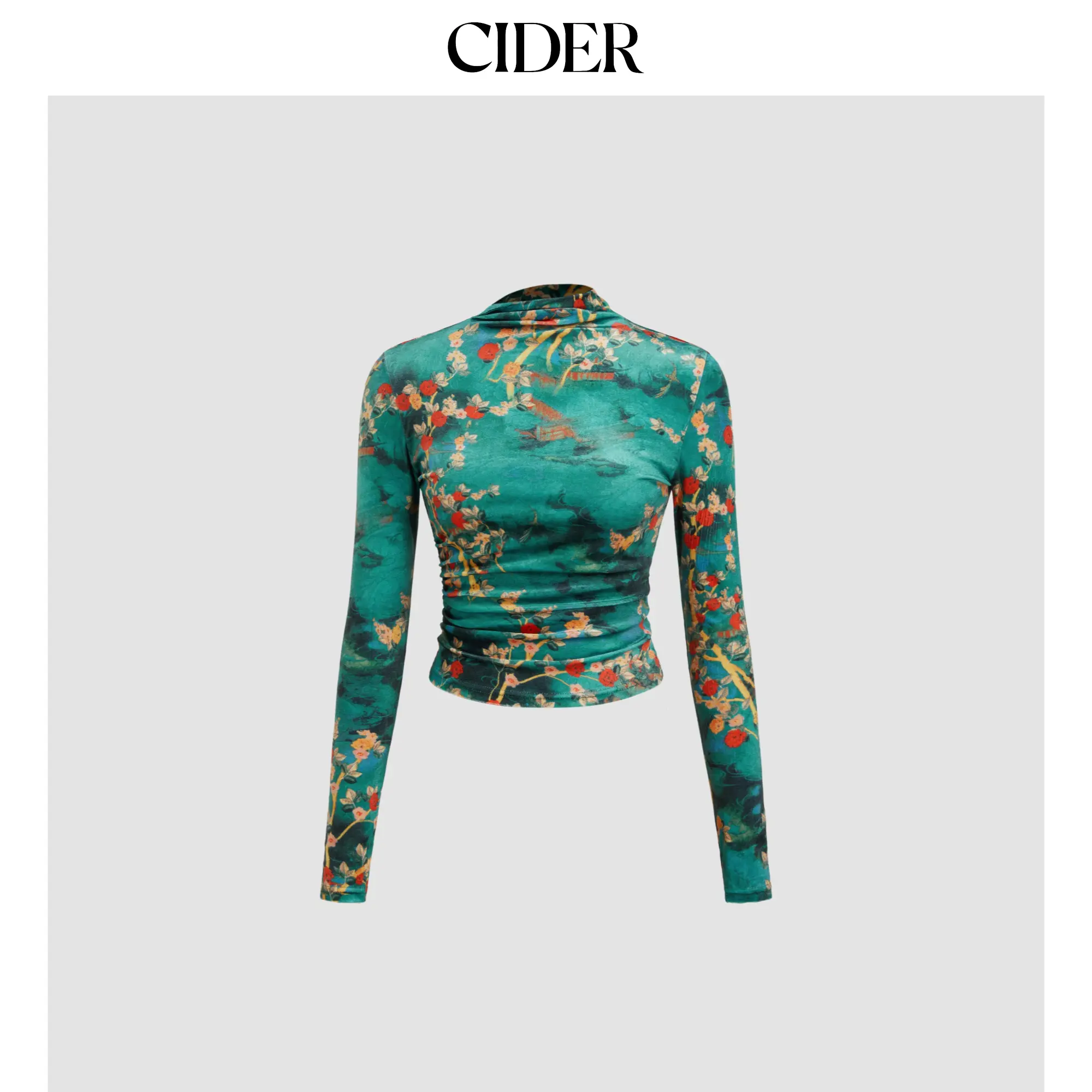 Cider Women's Knit High-Neck Floral Ruched Long-Sleeve Velvet Top SohoChic