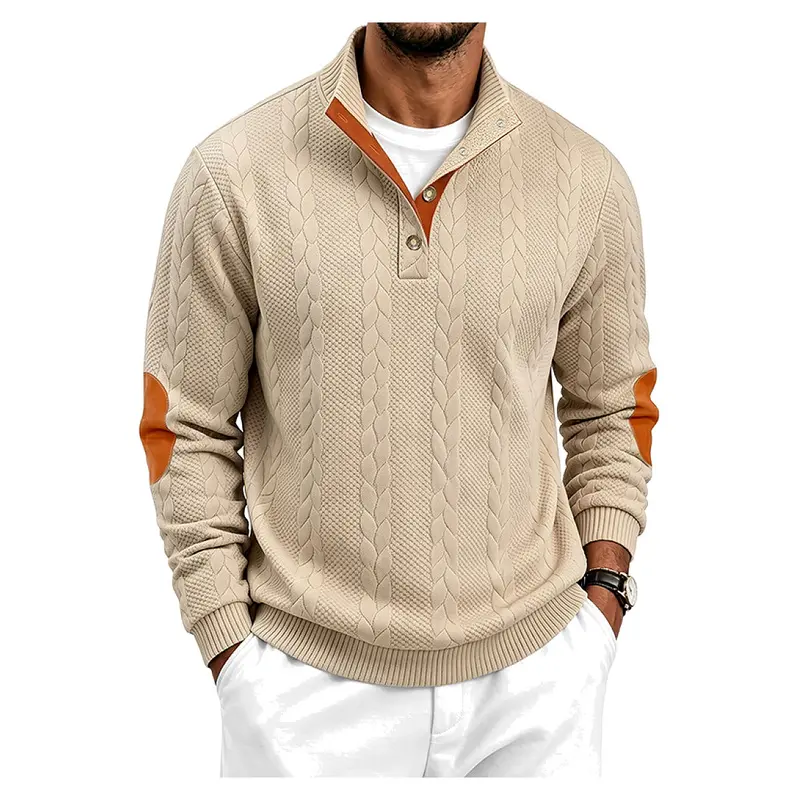 Men's Heavyweight Cable Jacquard Long Sleeve Henley Sweatshirt, Button Stand Collar Pullover Top With Faux Suede Elbow Patches, Loose Vintage Casual Knit Shirt for Daily Commute Outdoor Street Leisure Fashion Outfit