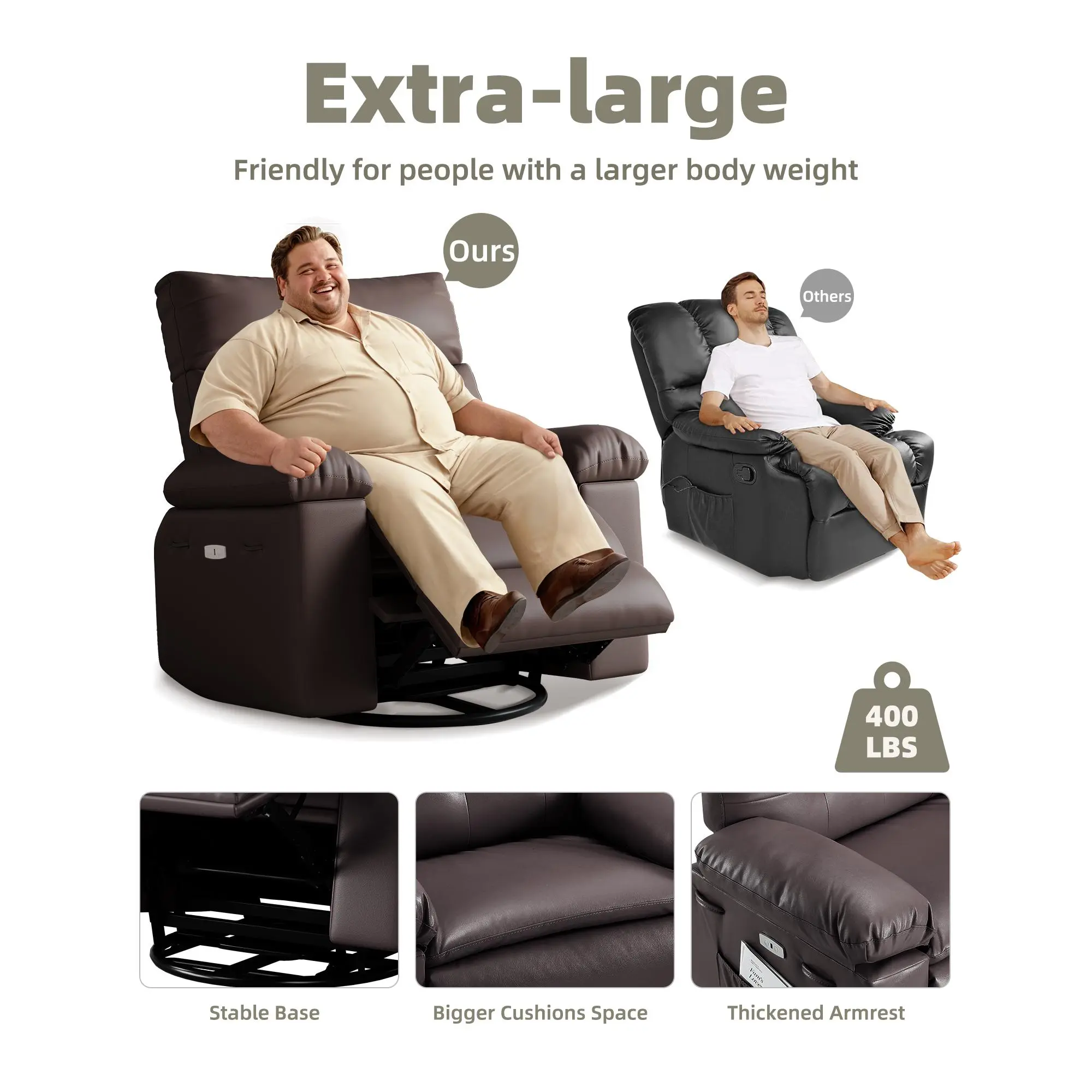 Oversized Recliner Chair with 360° Swivel and Rocking, Manual Reclining Chair with Heat and Massage, PU Leather Lounge Chair for Living Room Bedroom Nursery, Two Color Retro Brown Khaki Grey Beige