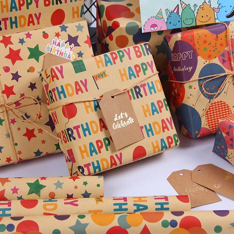 Colorful Mixed Pattern Gift Wrapping Paper, 4 Counts/set Birthday Gift Wrapping Paper with Accessories, Paper Gift Wrapper for Birthday Party, Gift Wrapping Supplies