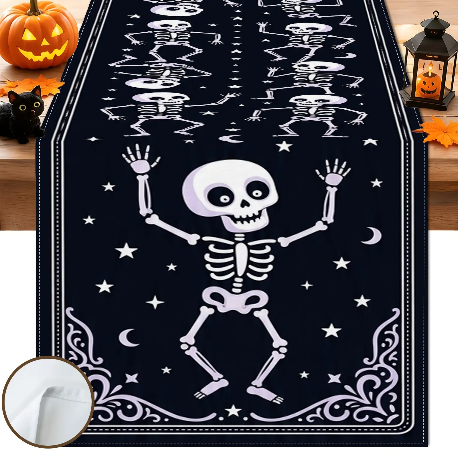 1pc Skeleton Stars Table Runner, Gothic Style, Repeating Pattern with Moon and Star Details, for Dining Table Halloween Party Home Decor Seasonal Table Decor