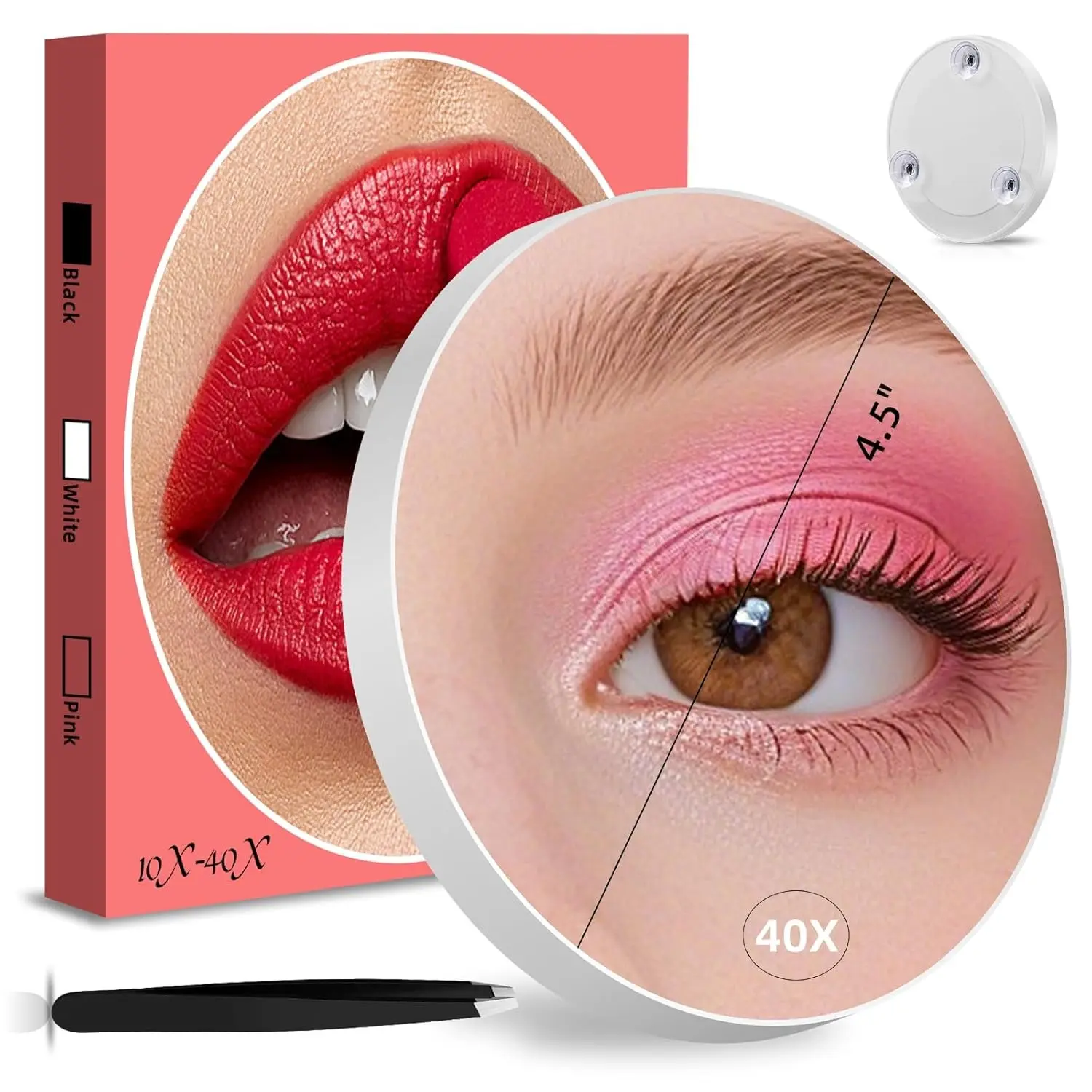 40X Magnifying Makeup Mirror Magnifier Set - 4.5in Travel Round Mirror with Suction Cups, Tweezers, 0.38in Ultra Thin Design, 0.165lb Lightweight (for Women's Beauty & Grooming Needs)