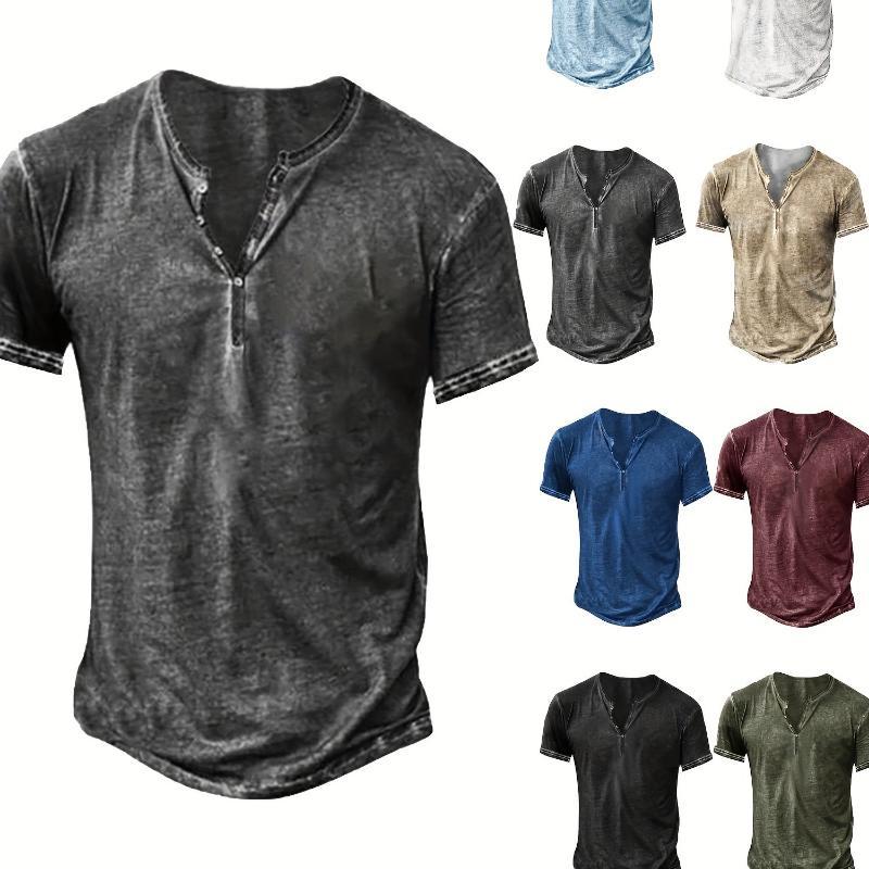 Men's Distressed Henley Shirt - Slim Fit Short Sleeve Button-Up Cotton T-Shirt with V-Neck & Placket Detailing, Machine Washable Casual Shirt in Olive Green, Black, Blue, Burgundy, Sporty Apparel| Athletic Style| Comfortable Tee