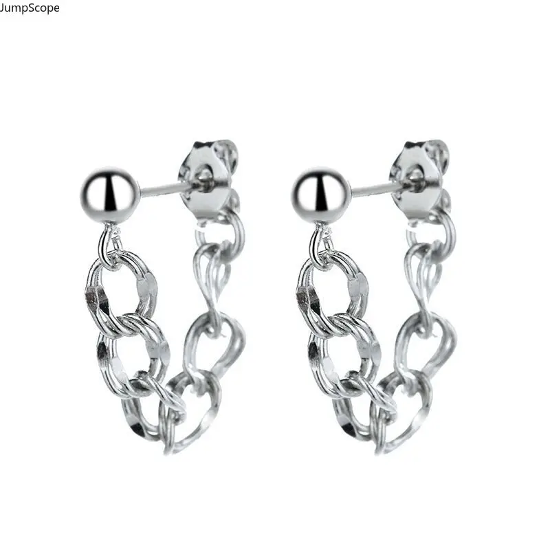 Women's MDF-Steel Back-Hanging Interlocking Chain Tassel Silver Stud Earrings - Minimal, Hip Hop, Vintage, Cold Unique Designed Dangle Ear Jewelry for Indoor Recreation