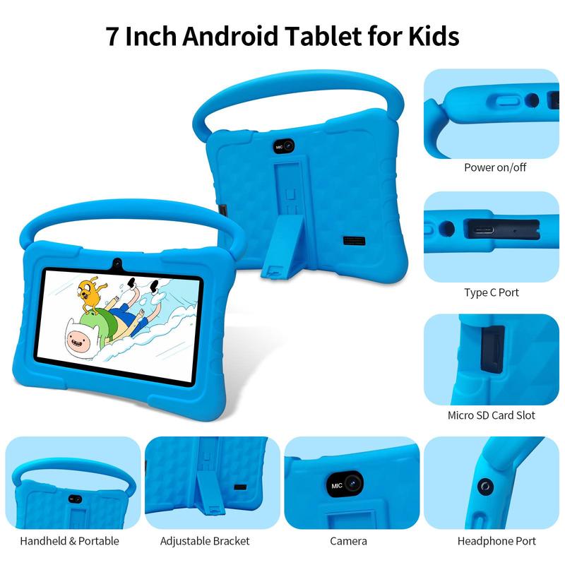 PRITOM K7 7 Inch Android Tablet with Silicone Case, Parental Control Tablet with Dual Camera, Educational Learning Entertainment Tablet with Durable Stand & Handle for Home, School