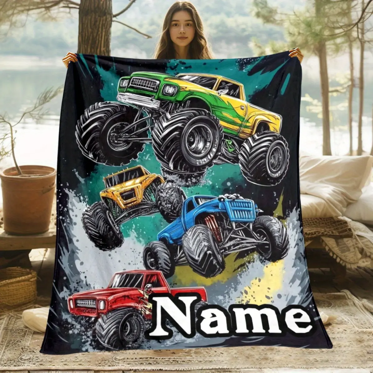 [Bedding Blanket] Soft Warm Custom Name Monster Truck Jump Blanket |   Lightweight Digital Printed Fabric |   Home Furnishings for Sofas Beds Travel Camping Living Rooms Offices Chairs